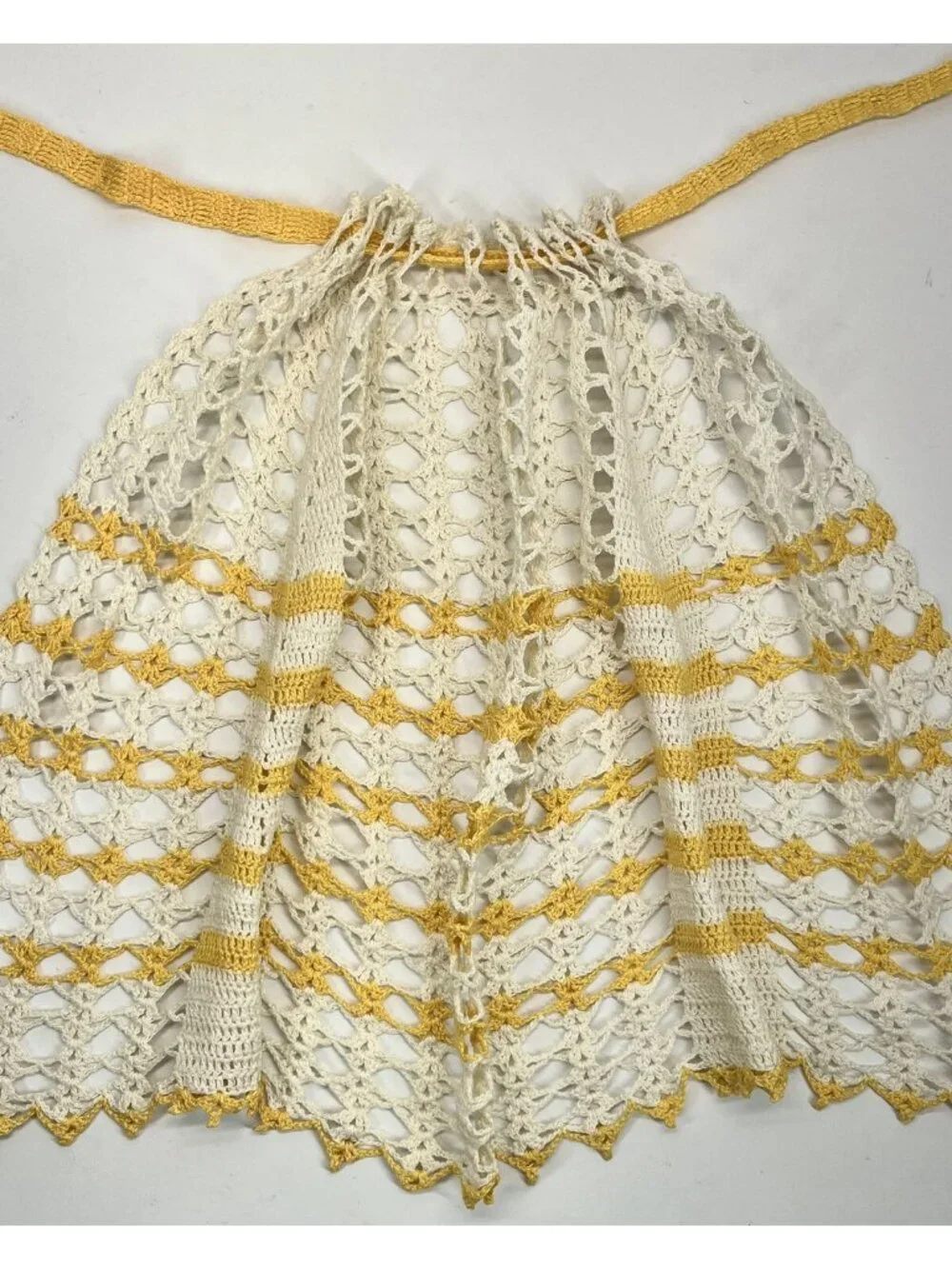 Vintage Crochet Half Apron Yellow Ivory Chevron Stripe Tie Back Halter Top